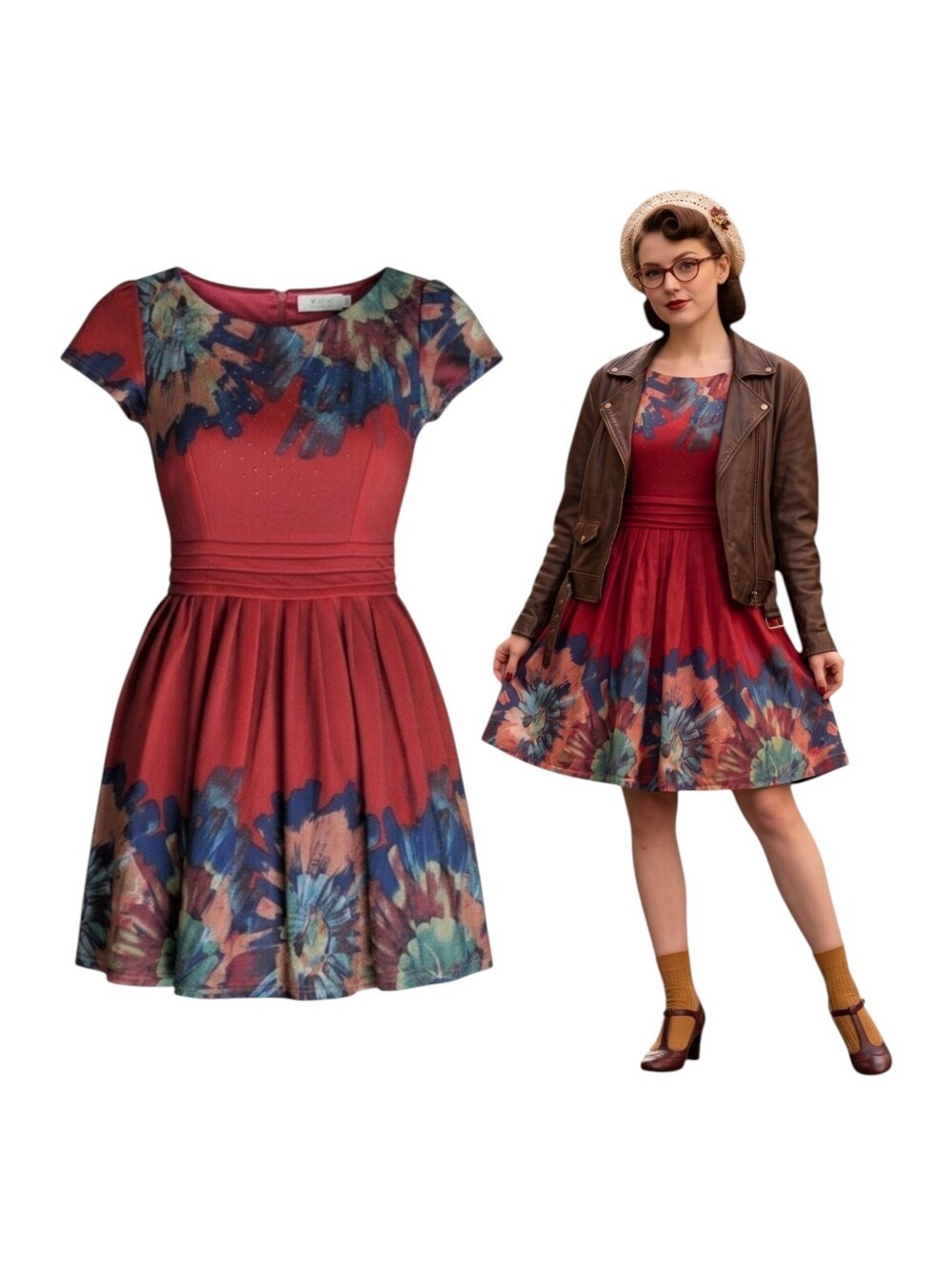 Vintage Inspired Burgundy Floral Cocktail Fit & Flare Dress Small